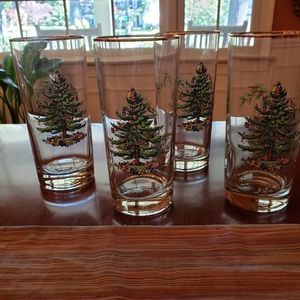 Spode Christmas Tree 16 oz Highball/Water Gold Rimmed Glasses Set of 4